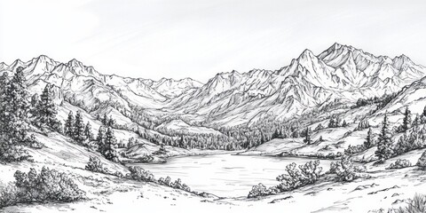 Majestic Mountain Range Lake Landscape Drawing