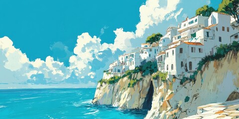 Naklejka premium Whitewashed Houses Clinging To Dramatic Coastal Cliffs