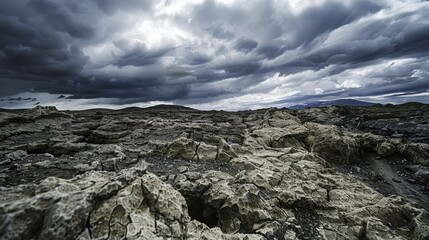Massive meteor crater surrounded by cracked barren terrain under dramatic cloudy sky, showcasing the immense scale and raw power of natural geological formations.