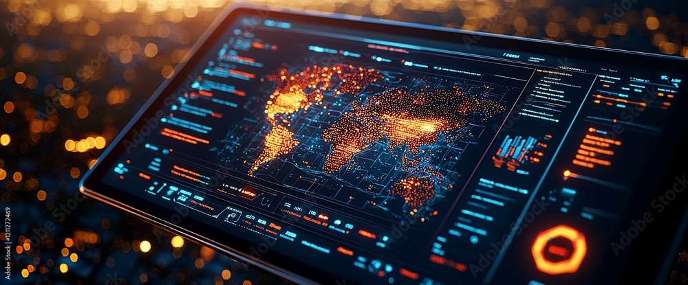 Poster Global data visualization on a tablet screen, showing world map with data points.