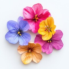 Colorful flowers circle, white background, spring bloom, greeting card