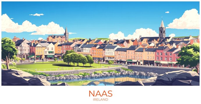 Naas Ireland Travel Poster Flat Illustration Print Decor Gift Canvas Wall Art