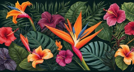Tropical Paradise: A vibrant and lush composition of tropical flowers and foliage, including hibiscus, bird of paradise, and monstera deliciosa leaves.