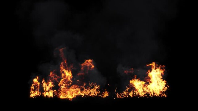 Blazing fire flames with smoke pollution effect on black backgrounds rendering