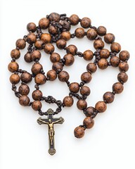 Brown Wooden Rosary Beads with Crucifix on White Background