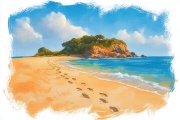 Obraz premium Serene Tropical Beach Landscape with Gentle Waves, Soft Sand, and Clear Blue Skies Featuring Footprints Leading to Isolated Island Paradise
