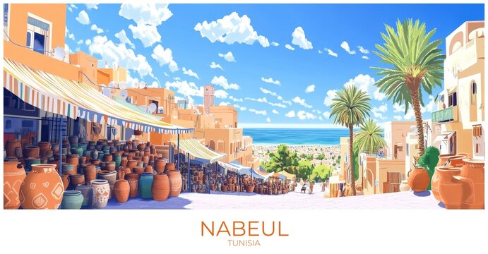 Nabeul Tunisia Travel Poster Flat Illustration Print Decor Gift Canvas Wall Art