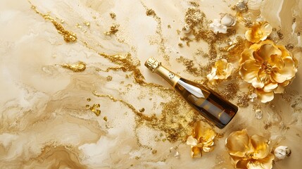 Champagne bottle with gold glitter and confetti, celebrating festive moments in style	
