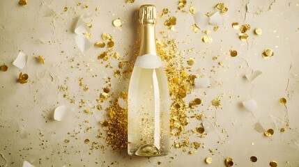 Champagne bottle with gold glitter and confetti, celebrating festive moments in style	