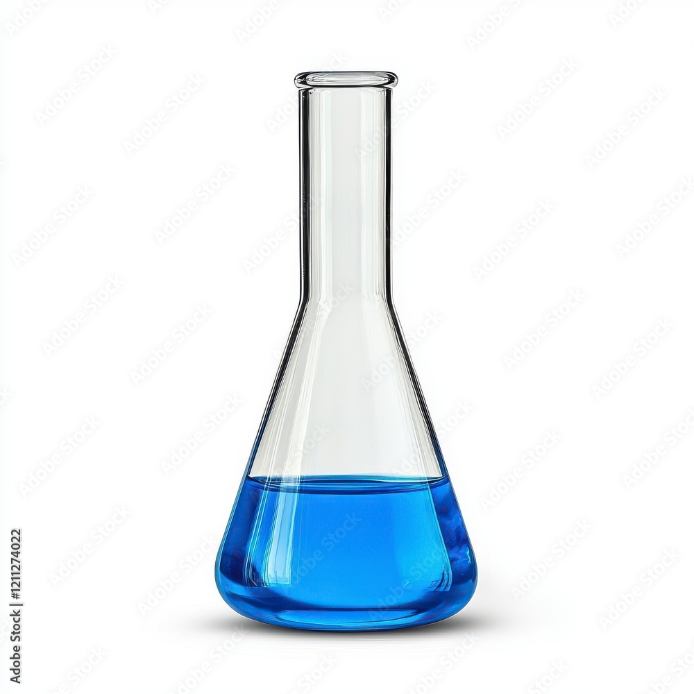Poster a clear laboratory flask filled with vibrant blue liquid, commonly used for experiments and scientif