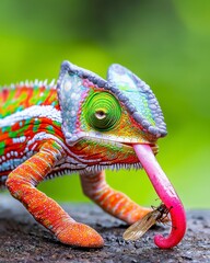 Obraz premium A vibrant chameleon extends its tongue to catch an insect, showcasing its unique colors and texture against a blurred green background.