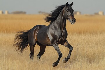 Fototapeta premium Black stallion runs through golden field.