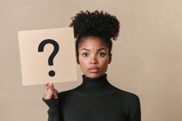 Contemporary Portrait Young Black Woman in Minimalist Knitwear Holding Question Mark Sign - Modern Identity Exploration for Digital Marketing and Branding