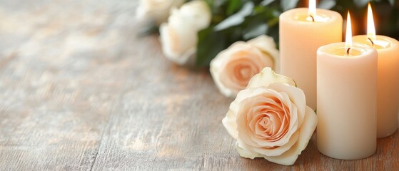 A serene arrangement of soft pink roses next to glowing candles on a rustic wooden surface, creating a peaceful, romantic atmosphere.