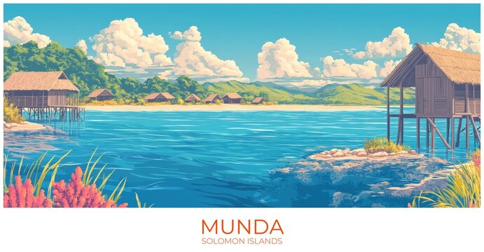 Munda Solomon islands Travel Poster Flat Illustration Print Decor Gift Canvas Wall Art