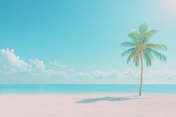 Obraz premium Serene Tropical Beach Scene with a Single Palm Tree Against a Bright Sky and Tranquil Ocean, Ideal for Relaxation and Vacation Imagery