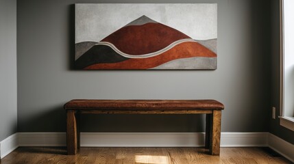 Modern Abstract Mountain Landscape Painting on Grey Wall with Wooden Bench