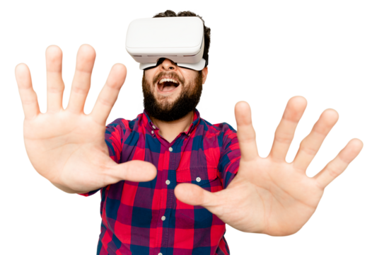 Bearded man mockup png having fun with VR headset digital device