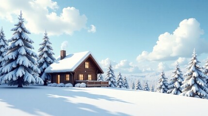 A Cozy Wooden Cabin Nestled Amongst Snow-Covered Evergreens on a Sunny Winter Day, Offering a Serene and Peaceful Escape