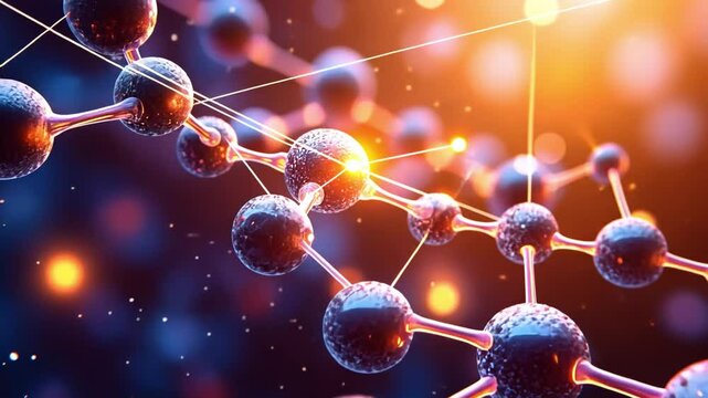 Molecular Structure: Intricate network of glowing atoms connected by bonds, a microscopic universe of vibrant energy and complex interactions.  
