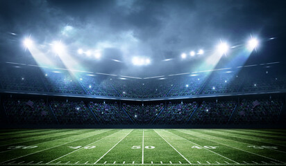 Illuminated American Football Field at Night in a Stadium, 3d rendering	
