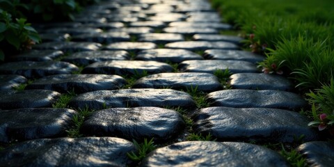 A Serene Pathway of Dark, Smooth Stones, Nestled Amidst Vibrant Green Grass