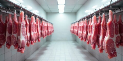 Rows of hanging meat in a pristine, industrial facility, showcasing the meticulous preparation and storage of fresh cuts
