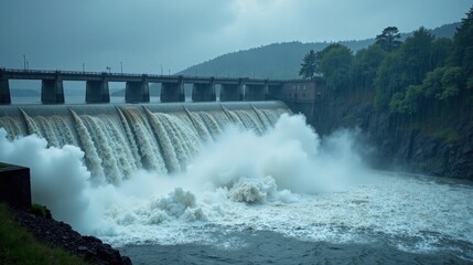 A powerful surge of water cascades over a massive dam during a heavy rainfall, creating a dramatic display of nature's force.