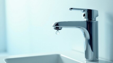 A single drop of water falls from a modern, chrome faucet, reflecting light onto a pristine white basin in a minimalist bathroom setting