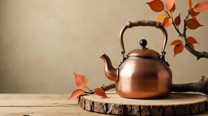 A copper kettle sits on a rustic wooden slice, adorned with autumnal leaves, creating a warm and inviting scene perfect for fall beverages.