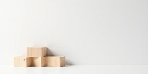 Simple Wooden Cubes Arranged on a White Surface Against a Plain White Wall