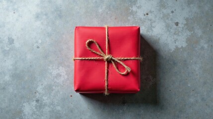 A Crimson Gift Box Tied with Rustic Twine on a Textured Surface