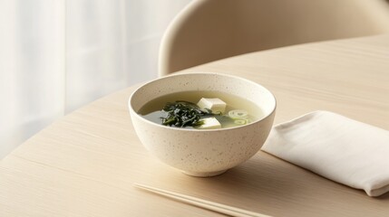 Ceramic bowl with traditional asian miso soup with tofu cubes and green seaweeds, Japanese style food, soy protein and plant-based ingredients, AI generated photo