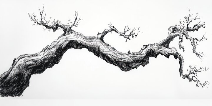 Ink Drawing of a Twisted Bare Tree Branch