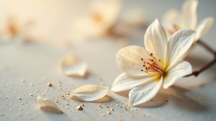 Delicate white blossoms and scattered golden particles on a soft surface, bathed in gentle sunlight, creating a serene and elegant scene.