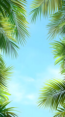 Fototapeta premium Palm leaves framing bright blue sky in a serene tropical paradise atmosphere