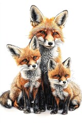 Fototapeta premium A loving family of foxes, isolate on white background, symbolizing warmth and togetherness.