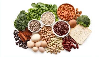 Healthy assortment of various legumes, grains, vegetables, and eggs on white background. Flexitarian food concept