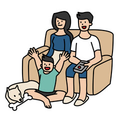 Obraz premium Png family watching TV doodle, transparent background