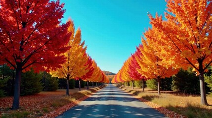 Obraz premium Autumnal Pathway Vibrant foliage lines a tree-lined road, showcasing a spectrum of red and gold leaves under a clear sky.
