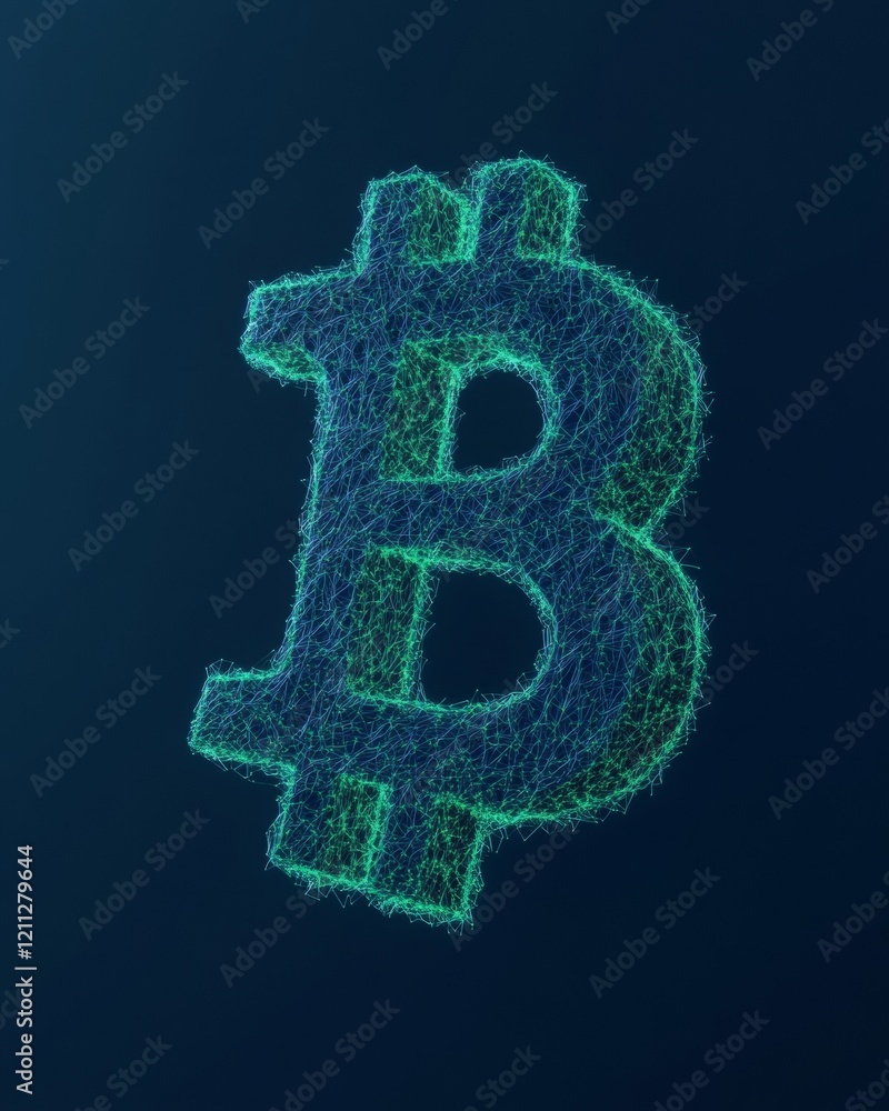 Poster digital financial evolution glowing blockchain bitcoin symbol in emerald and blue for fintech innova