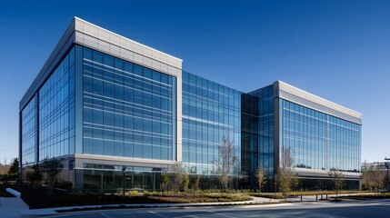 Fototapeta premium Modern glass and steel office building, symmetrical design, bathed in midday light, showcasing sleek architecture and urban professionalism