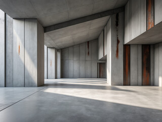 Obraz premium Modern industrial interior with concrete walls, rust accents, and geometric architecture, illuminated by natural light.