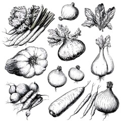 Hand-drawn illustration of various vegetables including carrots, onions, beets, and squash.