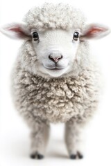 A sheep standing on all fours, isolate on white background, showcasing its woolly texture and features.