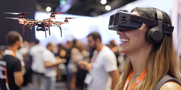 A cheerful tech fair where visitors learn to fly drones at interactive booths