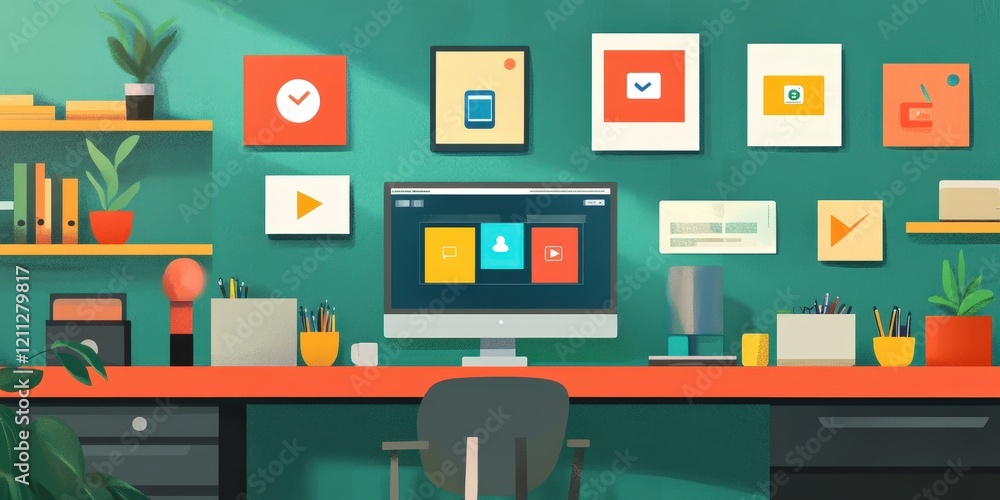 Poster a cheerful workspace scene with icons for collaboration tools like chat, video, and file sharing dis