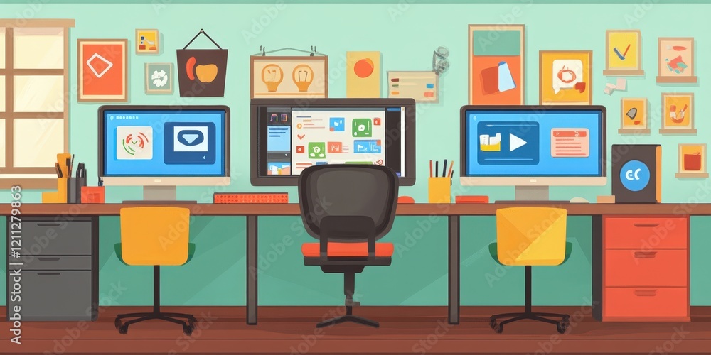 Poster a cheerful workspace scene with icons for collaboration tools like chat, video, and file sharing dis