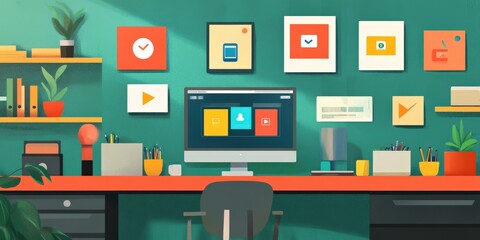 A cheerful workspace scene with icons for collaboration tools like chat, video, and file sharing displayed on monitors