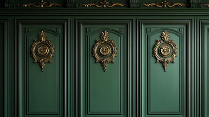 elegant dark green paneled wall with gold leaf accents and ornate classical french luxury boiserie design for high-end interior decor